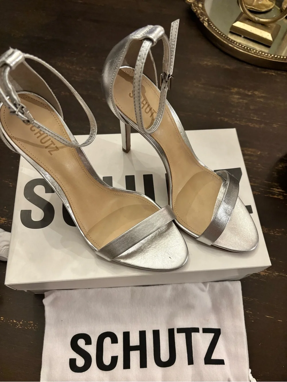SCHUTZ Metallic Silver Strappy Stiletto Heels